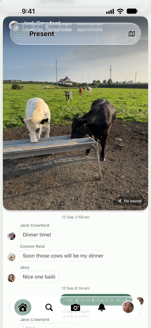 A video of cows at a feed trough, with friends messaging underneath