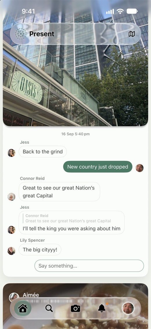 A photo of a bar in a city, with friends messaging and quoting each other underneath