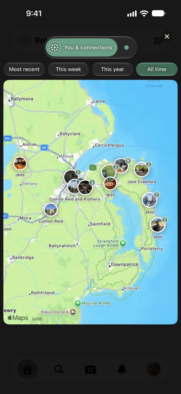 The Present map zoomed in on County Down, with each pin showing the photo taken there