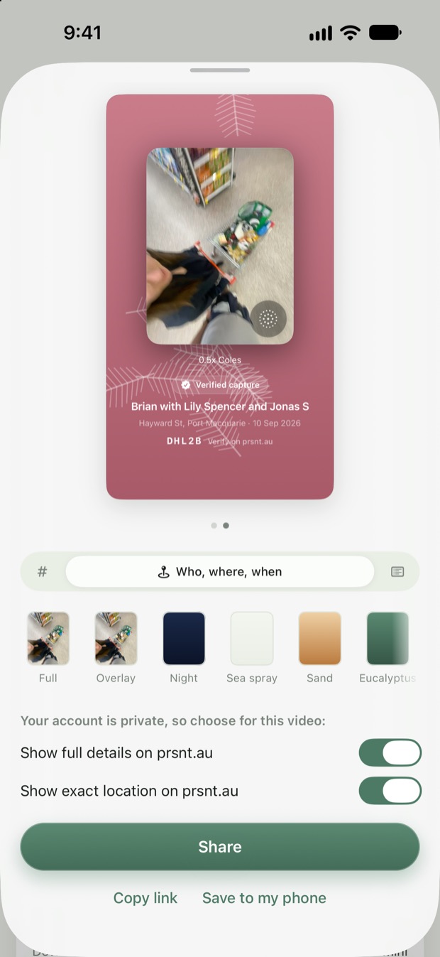 The Present share screen for a private account, with a share card and switches for what the prsnt.au receipt shows