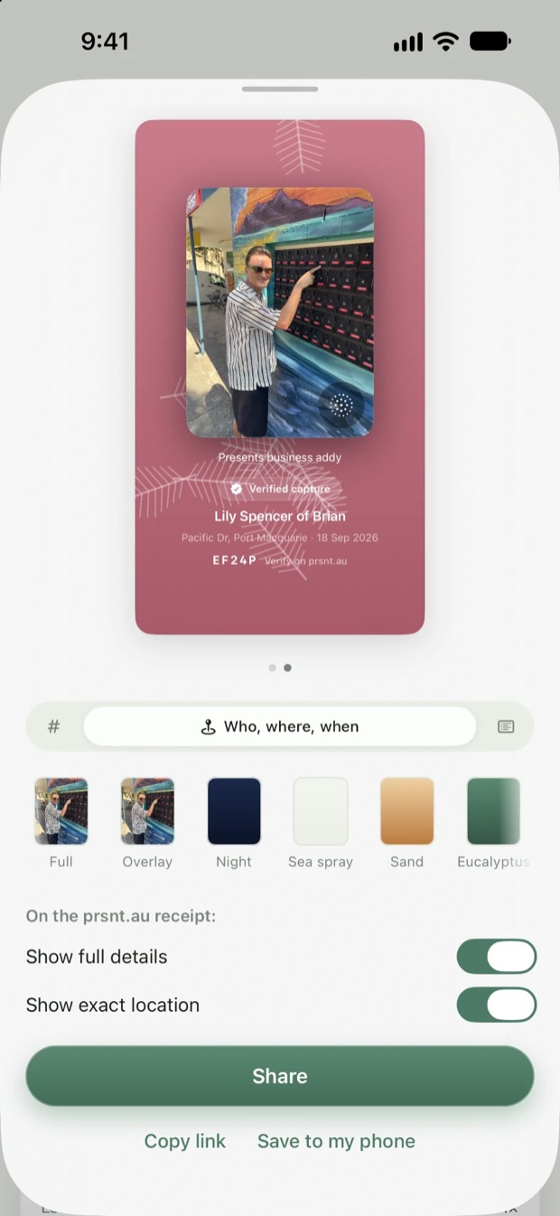 The Present share screen with the Galah card: pink, with galah feathers drawn in the background