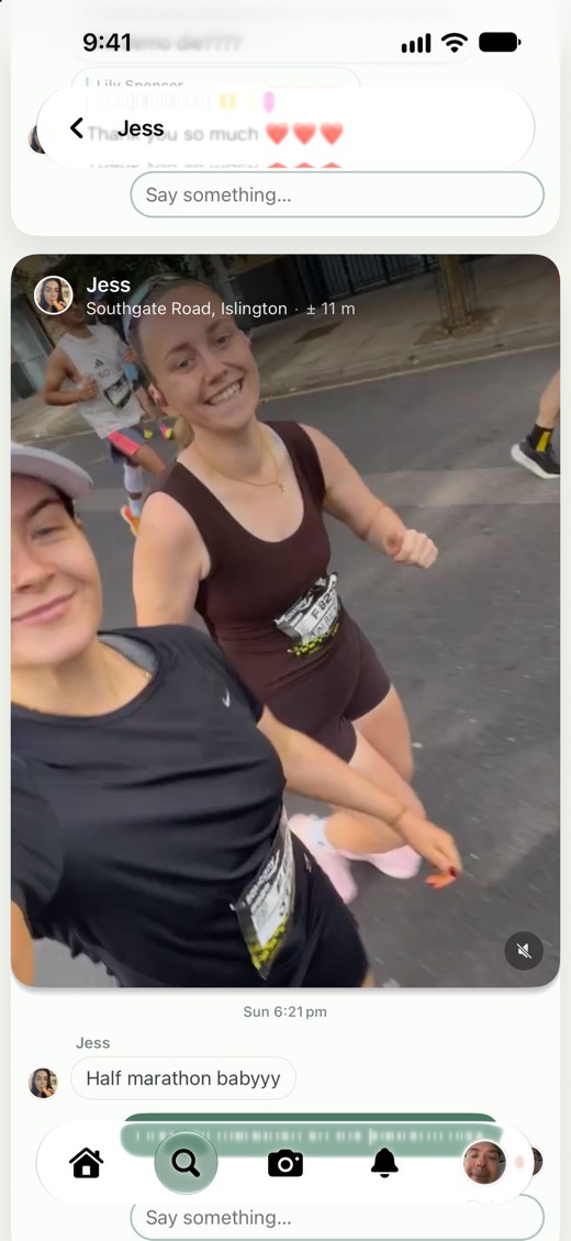 A six-second video post in the Present feed: two friends mid half marathon in Islington, with a message underneath